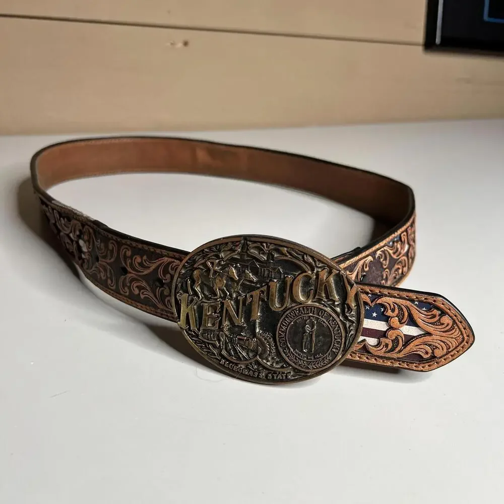 Montana Silversmiths Leather Belt Mens 36 Kentucky Buckle‎ Western Patriotic